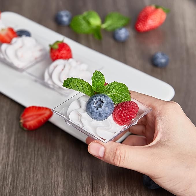 100 Pack 1 oz Small Dessert Plates for Appetizers - Mini Plastic Plates with Spoons Reusable Square Appetizer Bowls Tiny Individual Serving Trays