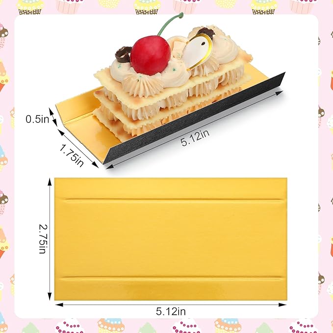 200 Pcs Mini Rectangular Foldable Paper Cardboard Cake Board Plates Bulk Mini Mousse Cake Bases Cardboards for Dessert Pastry Display Trays (Gold,Black)