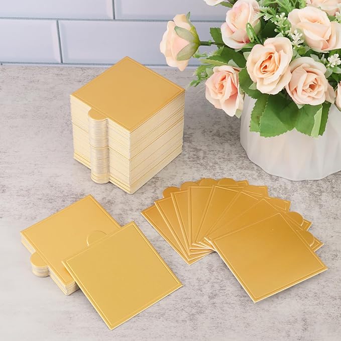 600 PCS 2.8 inch Mini Square Cake Boards, Premium Golden Mousse Cake Boards, Versatile Cupcake Bases & Dessert Displays, Perfect for Parties and Special Occasions