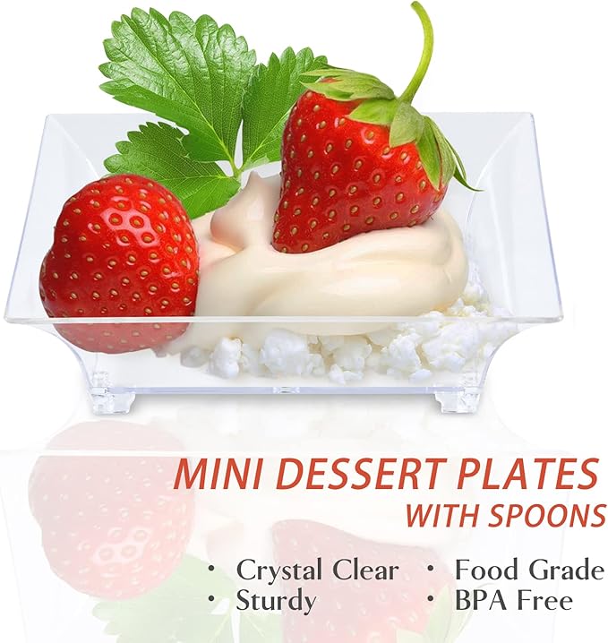 100 Pack 1 oz Small Dessert Plates for Appetizers - Mini Plastic Plates with Spoons Reusable Square Appetizer Bowls Tiny Individual Serving Trays