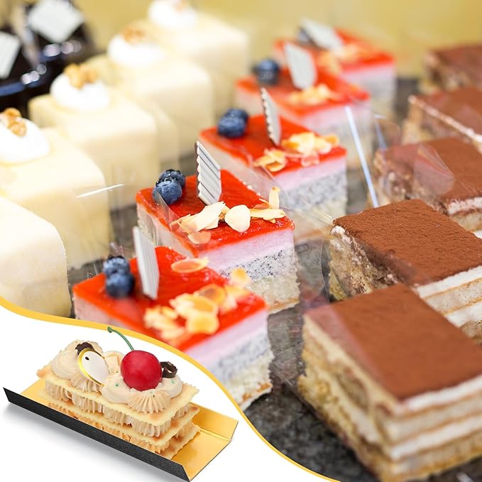 200 Pcs Mini Rectangular Foldable Paper Cardboard Cake Board Plates Bulk Mini Mousse Cake Bases Cardboards for Dessert Pastry Display Trays (Gold,Black)