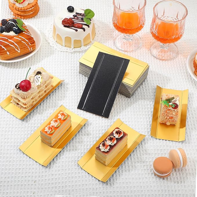 200 Pcs Mini Rectangular Foldable Paper Cardboard Cake Board Plates Bulk Mini Mousse Cake Bases Cardboards for Dessert Pastry Display Trays (Gold,Black)