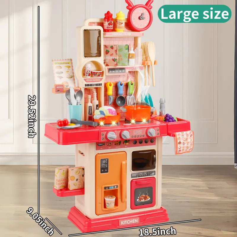 Pretend Play Kitchen Toys for Kids 45PCS with Cooking Stove Steam Play Sink Sound & Light Effects Realistic Kitchen Accessories Interactive Water Pipe Built-in Lights