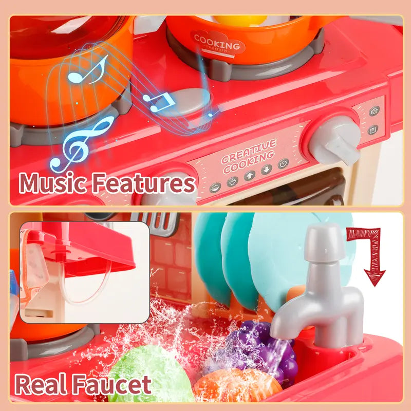 Pretend Play Kitchen Toys for Kids 45PCS with Cooking Stove Steam Play Sink Sound & Light Effects Realistic Kitchen Accessories Interactive Water Pipe Built-in Lights