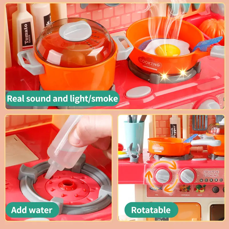 Pretend Play Kitchen Toys for Kids 45PCS with Cooking Stove Steam Play Sink Sound & Light Effects Realistic Kitchen Accessories Interactive Water Pipe Built-in Lights