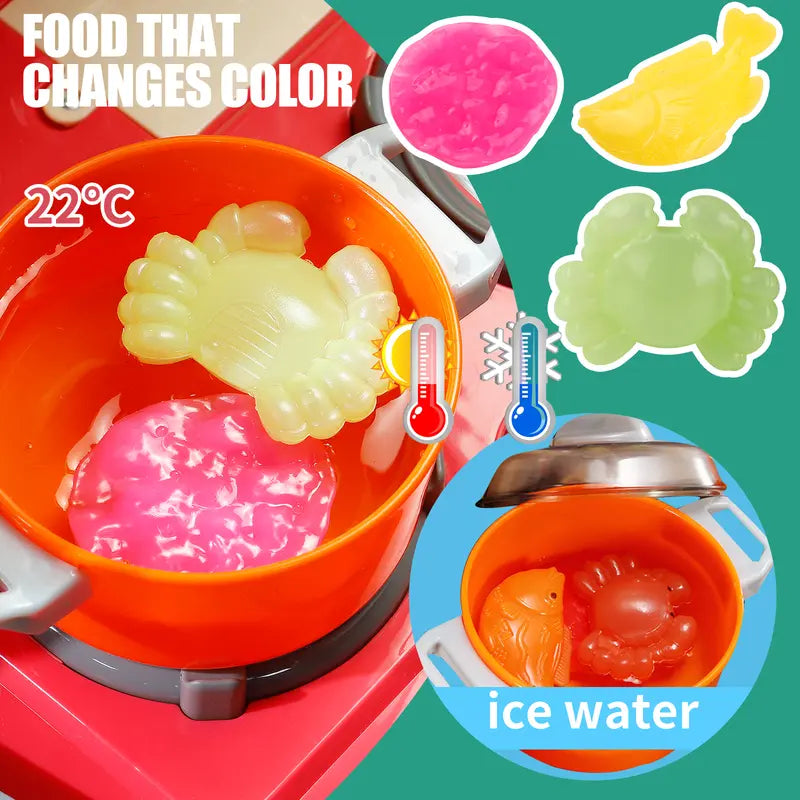 Pretend Play Kitchen Toys for Kids 45PCS with Cooking Stove Steam Play Sink Sound & Light Effects Realistic Kitchen Accessories Interactive Water Pipe Built-in Lights