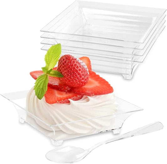 100 Pack 1 oz Small Dessert Plates for Appetizers - Mini Plastic Plates with Spoons Reusable Square Appetizer Bowls Tiny Individual Serving Trays
