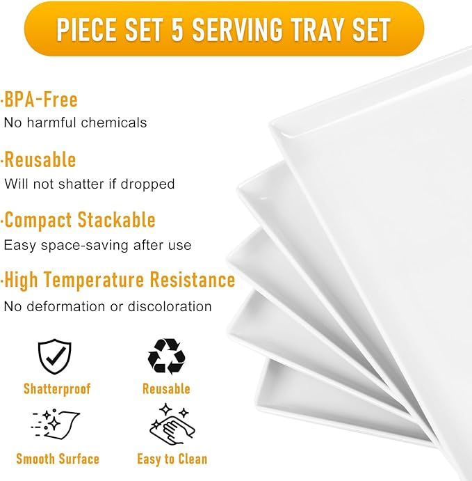 5pcs Melamine White Serving Trays for Party, Reusable Serving Dishes,14.5 x 6,Unbreakable Rectangle Plates, for Cookie, Appetizer, Charcuterie, Snack, Dessert, Food Display