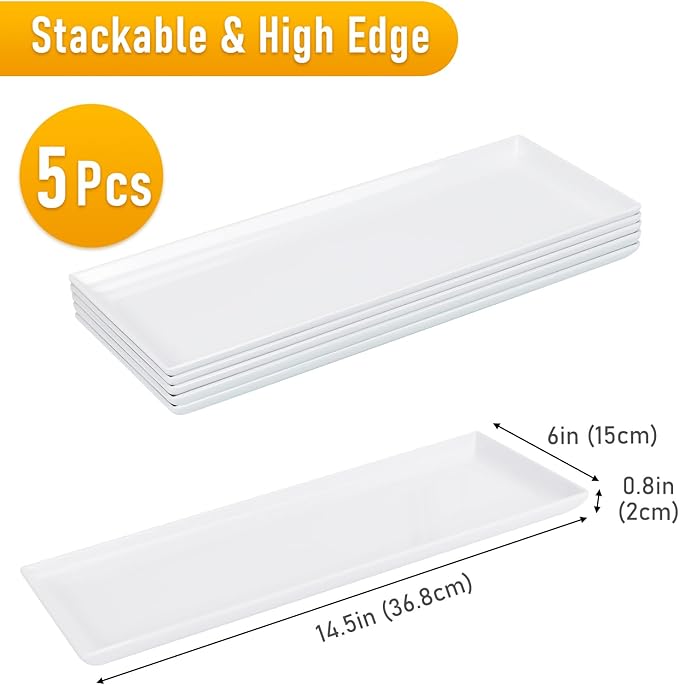 5pcs Melamine White Serving Trays for Party, Reusable Serving Dishes,14.5 x 6,Unbreakable Rectangle Plates, for Cookie, Appetizer, Charcuterie, Snack, Dessert, Food Display