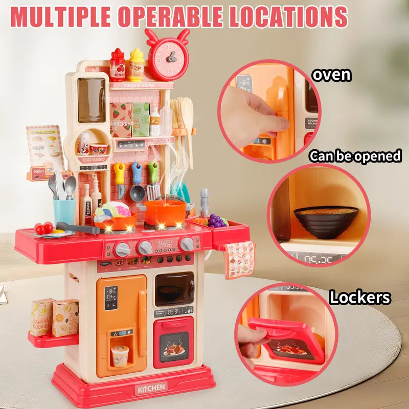 Pretend Play Kitchen Toys for Kids 45PCS with Cooking Stove Steam Play Sink Sound & Light Effects Realistic Kitchen Accessories Interactive Water Pipe Built-in Lights