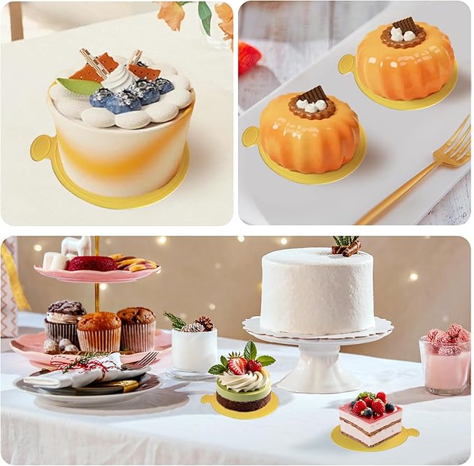 3.5 Inch Mini Cake Boards: 50pcs Golden Round Mousse Cupcake Base, Bases Para Postres Mini Paper Plates Circle Dessert Boards