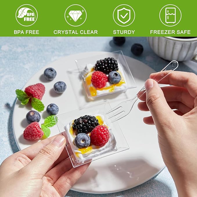 100 Pack 1 oz Mini Dessert Plates with Forks Reusable Plastic Appetizer Trays Square Small Party Serving Bowls for Trifle, Cheesecake, Ice cream