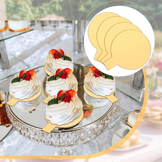 200 Pcs 2 Inch Round Cake Board with Tab Mini Pastry Reversible Waxed Cake Board for Dessert Display Trays Pastry Plates(Gold)