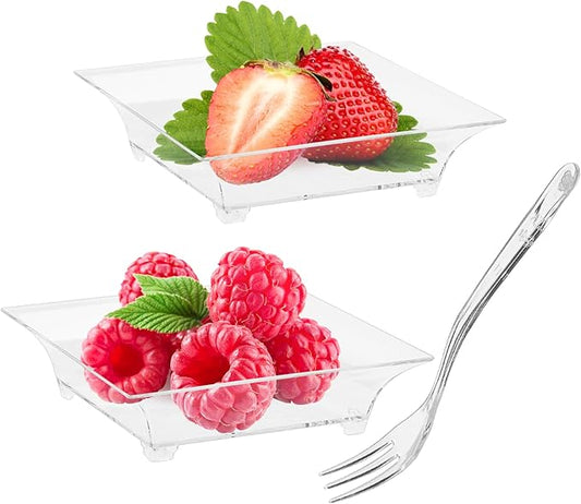 100 Pack 1 oz Mini Dessert Plates with Forks Reusable Plastic Appetizer Trays Square Small Party Serving Bowls for Trifle, Cheesecake, Ice cream