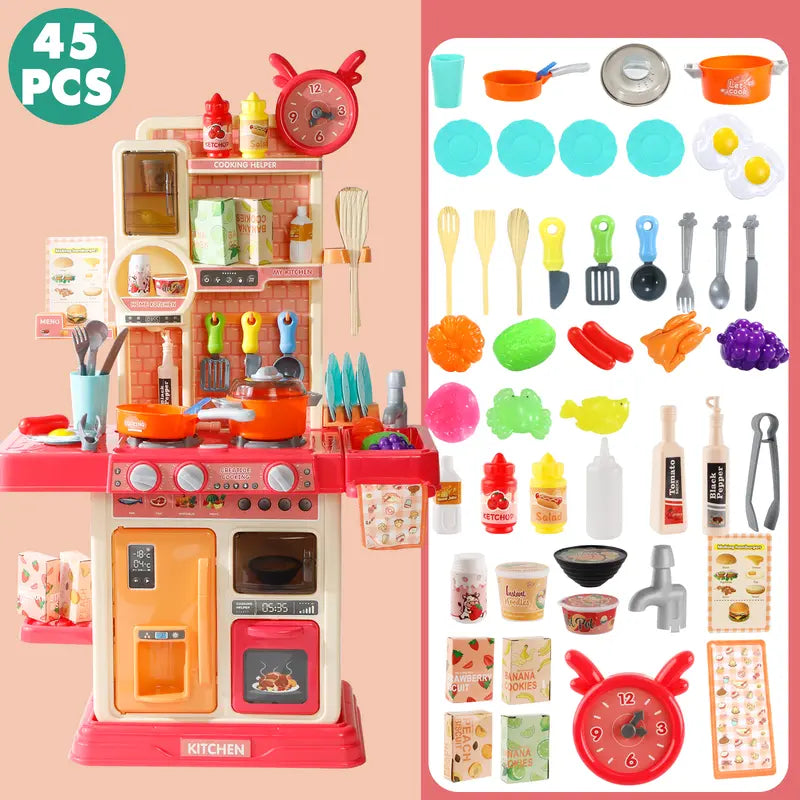 Pretend Play Kitchen Toys for Kids 45PCS with Cooking Stove Steam Play Sink Sound & Light Effects Realistic Kitchen Accessories Interactive Water Pipe Built-in Lights