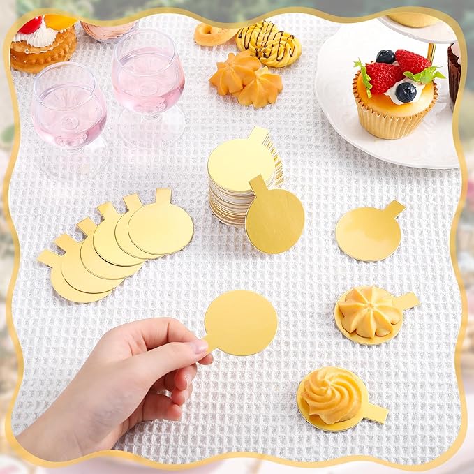 200 Pcs 2 Inch Round Cake Board with Tab Mini Pastry Reversible Waxed Cake Board for Dessert Display Trays Pastry Plates(Gold)