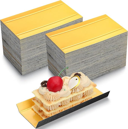 200 Pcs Mini Rectangular Foldable Paper Cardboard Cake Board Plates Bulk Mini Mousse Cake Bases Cardboards for Dessert Pastry Display Trays (Gold,Black)