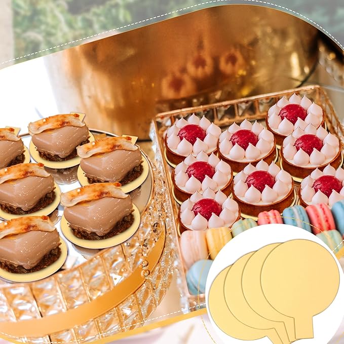200 Pcs 2 Inch Round Cake Board with Tab Mini Pastry Reversible Waxed Cake Board for Dessert Display Trays Pastry Plates(Gold)
