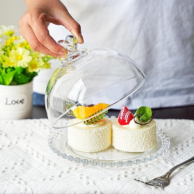 7" Crystal Cake Plate with Dome, Cake Stand with Cover, Round Pattern Glass Serving Platter with Lid for Kitchen Dining Bakery Pastries Display, Party, Entertaining, Dishwasher Safe(Clear)